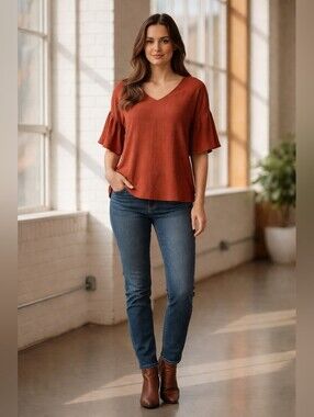 Rust Brick Color Flutter Bell Sleeve V-Neck Top Size Medium